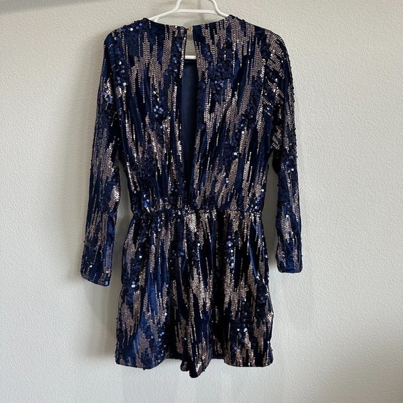 Navy Blue & Gold Velvet Sequin Open Back Long Sleeve Romper - Picture 8 of 9